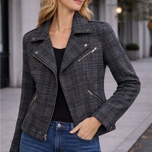 Liverpool Moto Jacket Plaid Gray Black Zip Front Stretch Lightweight Size M
